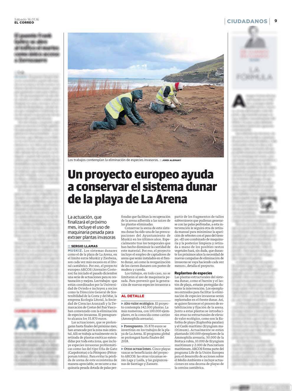 EL CORREO newspaper covers the actions undertaken on the La Arena beach on 16/01/2016